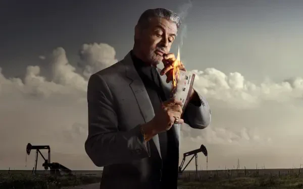 Tulsa King 4K Ultra HD PC Desktop Wallpaper and Background: gray-suited man lights a burning playing card against flatlands with oil pumpjacks beneath a dramatic cloudy sky.