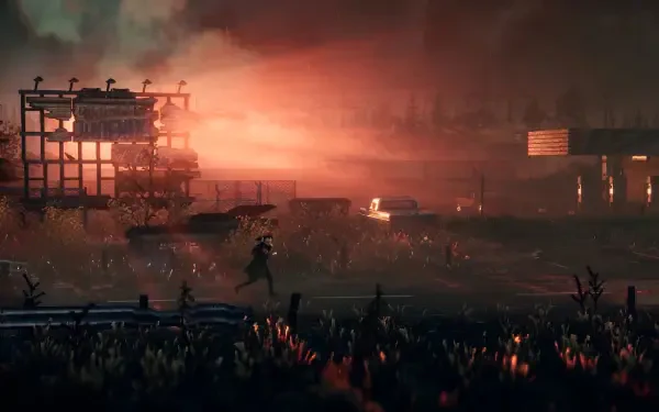 2K Quad HD PC desktop wallpaper Replaced — video game scene of a silhouetted survivor running through overgrown, ruined industrial landscape beneath a blazing dusk sky.