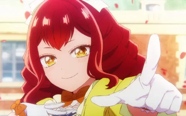 HD PC wallpaper of Bertia Ibil Noches from An Observation Log of My Fiancée Who Calls Herself a Villainess — red-haired, golden-eyed girl in a yellow outfit smiling and reaching out.