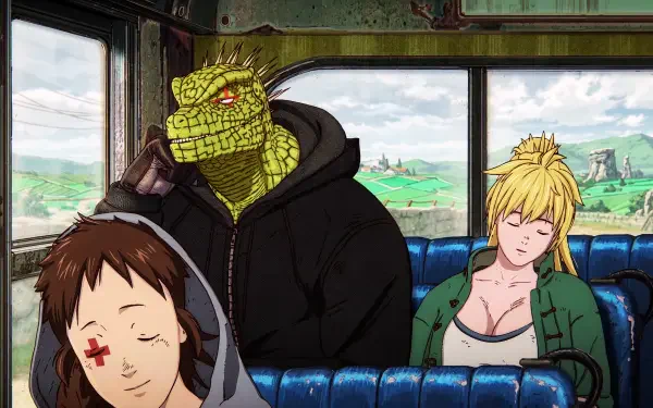 Dorohedoro Season 2 — Caiman and Nikaido sit quietly on a train in an anime scene; 5K Ultra HD PC desktop wallpaper and background.