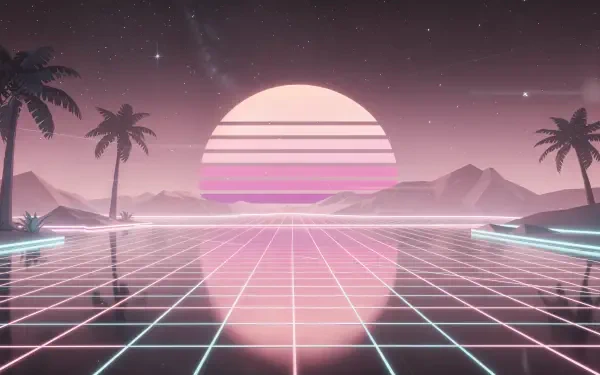 Light pink vaporwave landscape: neon grid reflecting a striped sun, silhouetted palms and distant mountains — 4K Ultra HD PC desktop wallpaper and background.