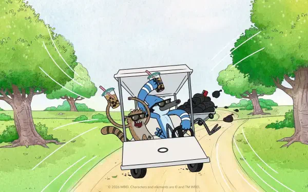 Regular Show: The Lost Stapes HD PC wallpaper — Mordecai and Rigby careen in a golf cart down a tree-lined dirt road, leaves and objects flying behind them.