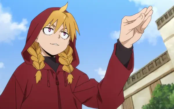 HD anime desktop wallpaper of Gabby (Daemons of the Shadow Realm) in a red hooded jacket, braided blonde hair, reaching out beneath a bright blue sky with rooftop architecture in the background.