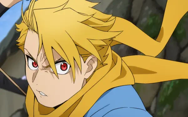 HD desktop wallpaper of Yuru from Daemons of the Shadow Realm — intense close-up anime portrait with tousled blond hair, red eyes and a flowing yellow scarf against a rocky background.