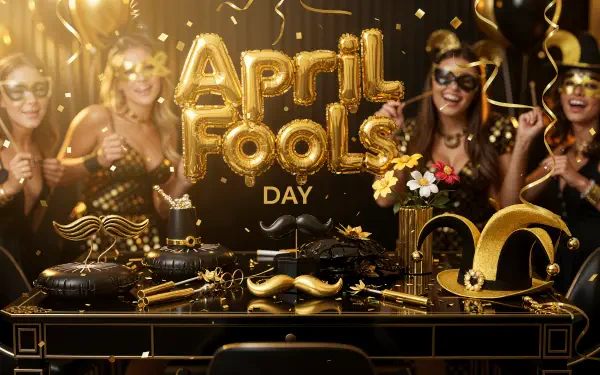 April Fools Day 4K Ultra HD PC desktop wallpaper and background — gold April Fools balloons, masked partygoers, confetti and playful props on a black-and-gold party table.