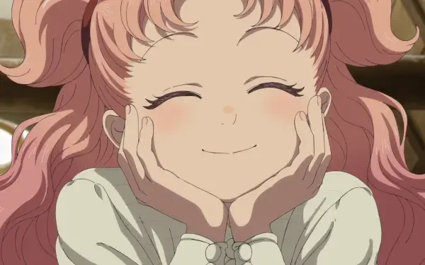 Anime HD desktop wallpaper of Tetia from Witch Hat Atelier: pink‑haired girl smiling with eyes closed, hands cupping her cheeks in a warm, cozy expression.