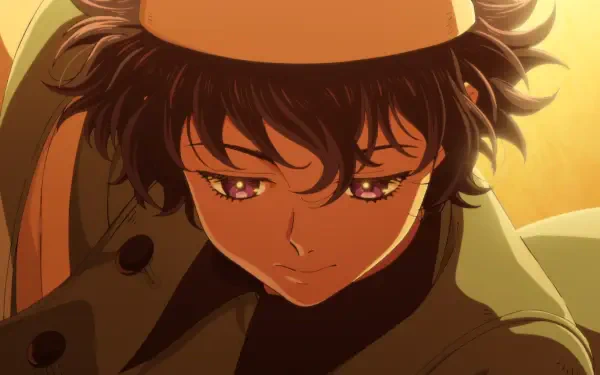 HD PC desktop wallpaper: warm-lit anime close-up of Agott Arkrome from Witch Hat Atelier, contemplative expression, tousled hair and glowing eyes.