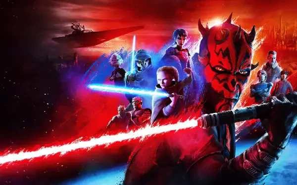 Star Wars: Maul – Shadow Lord 4K Ultra HD PC desktop wallpaper: Darth Maul foreground with double-bladed red lightsaber, ensemble of characters and starships against a red-blue cosmic backdrop.
