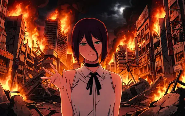 5K Ultra HD PC desktop wallpaper of Reze (Chainsaw Man), an anime girl standing in a moonlit, burning ruined city, flames illuminating collapsed buildings.