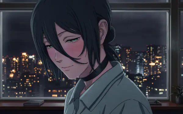 5K Ultra HD desktop wallpaper of Reze from Chainsaw Man: a cute, blushing anime girl with dark hair and a choker, city lights glowing through the window behind her.