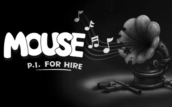 HD PC desktop wallpaper for the video game Mouse: P.I. For Hire, showing a vintage gramophone emitting musical notes next to the game's logo in monochrome.