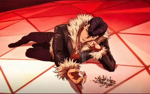 Ryu Ishigori (Jujutsu Kaisen 3rd Season) lounging on a glowing red geometric floor with cigarette butts, exuding an aura-farming anime vibe — 5K Ultra HD PC desktop wallpaper/background.