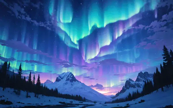 4K Ultra HD PC desktop wallpaper: snow-covered mountain landscape and snowy forest beneath a vivid aurora borealis painting the night sky.