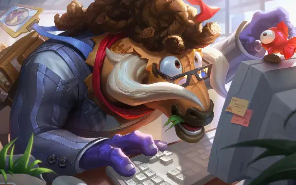 8K Ultra HD wallpaper of Alistar the bull from the mobile game League of Legends: Wild Rift—dressed in a suit, typing at a PC with a small red fish on the monitor.