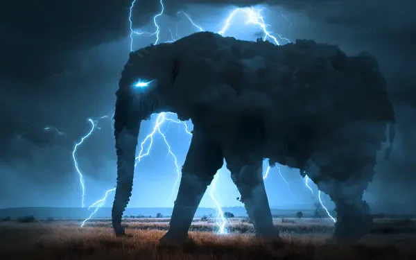 2K Quad HD PC desktop wallpaper and background: a lone elephant strides across a foggy savanna under a crackling lightning storm, blue-lit eyes against the thunderous sky.