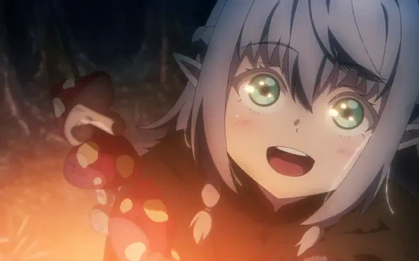 Tessia Eralith from The Beginning After The End — anime HD desktop wallpaper: close-up of her smiling face, glowing green eyes and pale hair bathed in warm orange light.