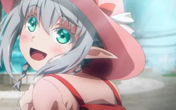 Smiling Tessia Eralith (anime) with silver hair, emerald eyes and elf ears in a pink hat and red dress, looking back — HD PC desktop wallpaper/background from The Beginning After The End.