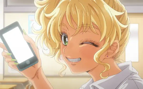 HD anime desktop wallpaper of Kotoko Ijichi from Gals Can't Be Kind to Otaku!? — winking blonde girl holding up a smartphone in a warm, sunlit room.