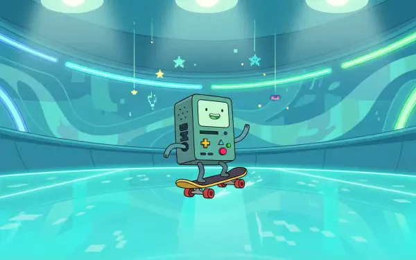 2K Quad HD PC desktop wallpaper of TV show cartoon Adventure Time — BMO skateboarding in a glowing teal arena with stars overhead.