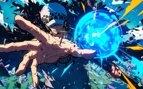 Blue anime scene of Trafalgar Law (One Piece) summoning a glowing blue orb, intense action and shards of color — 4K Ultra HD PC desktop wallpaper background.