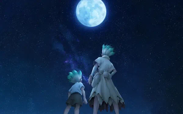 4K Ultra HD anime PC desktop wallpaper from Dr. Stone: Senku Ishigami and a young companion stand beneath a glowing full moon against a starry night.