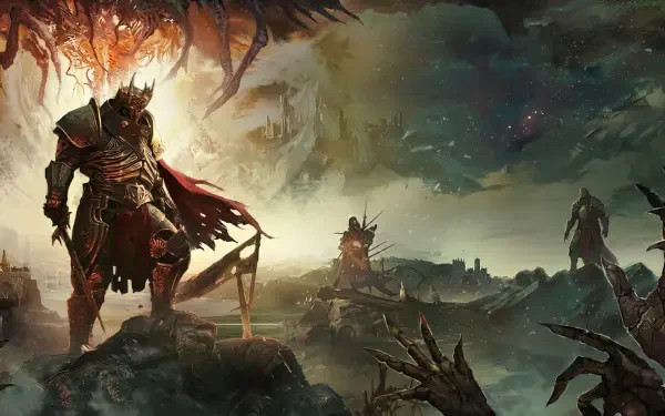 HD PC desktop wallpaper and background from the video game Tainted Grail: The Fall of Avalon — a crowned fantasy knight in dark armor stands amid a ruined, storm-lashed battlefield.