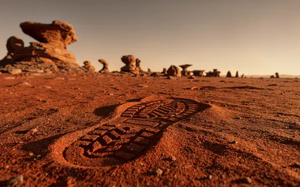 Boot print pressed into red desert sand, foreground detail with distant hoodoo rock formations beneath a warm sky — 4K Ultra HD PC desktop wallpaper and background.