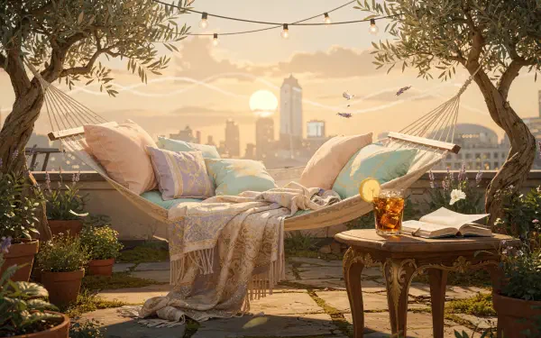 Relaxation 4K Ultra HD PC desktop wallpaper and background: sunlit rooftop hammock with cushions and throws, iced drink on a small table, potted plants and a glowing city skyline at sunset.