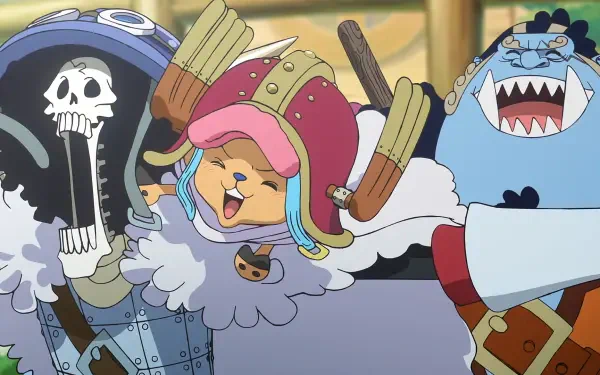HD PC wallpaper of One Piece anime: Brook, Tony Tony Chopper and Jinbe laughing together, Chopper in his pink hat between Brook's skeletal grin and Jinbe's broad smile.