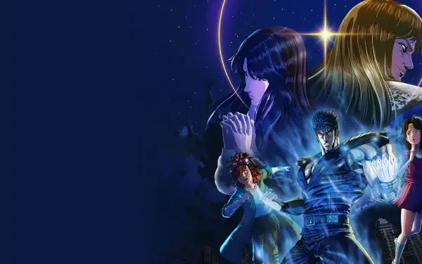 4K Ultra HD PC desktop wallpaper and background: anime-style glowing heroes and women clustered at right, a crescent halo and starry navy sky with deep left-side negative space.