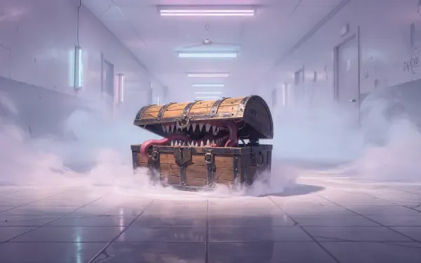Fantasy mimic treasure chest with gaping fanged maw in a foggy sterile corridor — 4K Ultra HD PC desktop wallpaper/background.