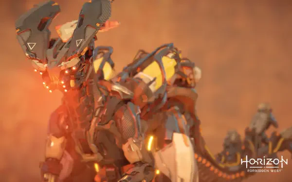 Horizon Forbidden West video game 4K Ultra HD PC desktop wallpaper: close-up of a glowing armored robotic creature in a dusty orange landscape, with smaller machines in the background.