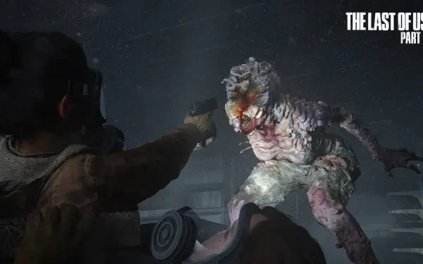 The Last of Us video game 4K Ultra HD PC desktop wallpaper and background: survivor aims a handgun at a grotesque infected creature in a dark, rain-slicked urban ruin.