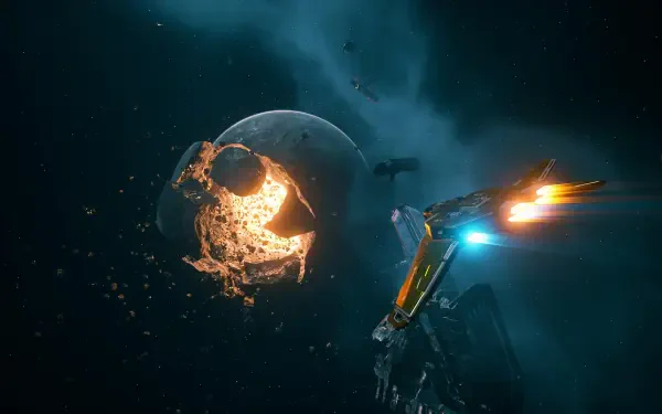 Everspace 2 video game 4K Ultra HD PC desktop wallpaper/background: blazing starfighter near a shattered, molten planet drifting through a dark nebula.