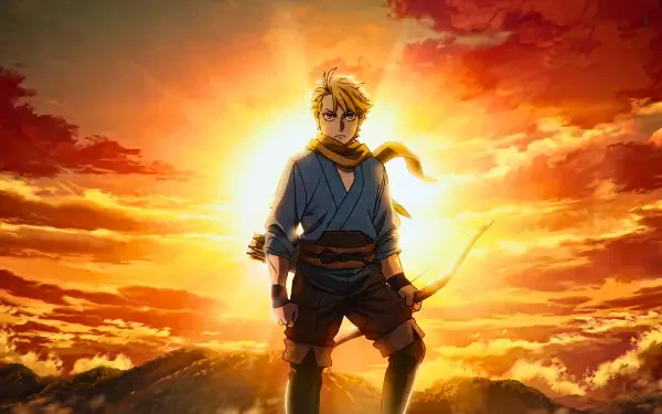 5K Ultra HD PC desktop wallpaper: Yuru from Daemons of the Shadow Realm stands before a blazing sunset, golden halo and dramatic clouds framing the anime character.