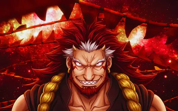 Migi (Daemons of the Shadow Realm) — fierce, red-maned daemon with braided gold cords and glowing eyes against a fiery red background; 5K Ultra HD anime PC desktop wallpaper.