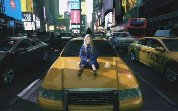 Pragmata video game 2K Quad HD PC wallpaper — a figure in blue sits on a yellow taxi hood in a neon-lit city street surrounded by traffic.