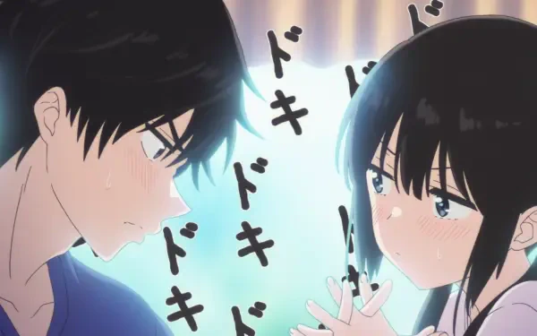 Anime HD PC desktop wallpaper from I Want to End this Love Game, featuring Miku Sakura and Yukiya Asagi blushing and reaching toward each other with glowing doki doki effects.