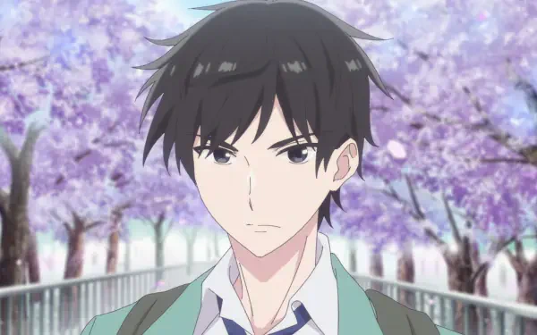 HD PC desktop wallpaper of Yukiya Asagi from the anime I Want to End this Love Game — a serious schoolboy in uniform standing on a bridge under blooming cherry blossoms.