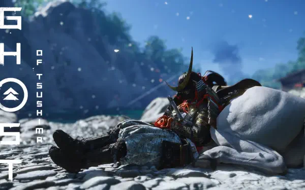 4K Ultra HD PC desktop wallpaper of the video game Ghost of Tsushima: a reclining samurai in armor rests on snow-covered rocks with mountains and drifting snow.