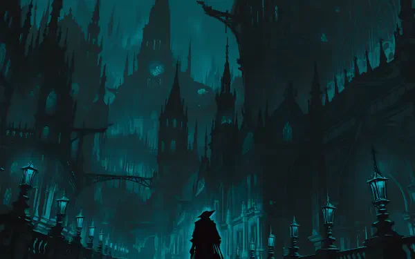 4K Ultra HD PC wallpaper: a lone cloaked hunter in a blue anime-style Bloodborne video game city of towering Gothic spires, lamplit streets and shadowed bridges.