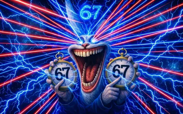 Meme-style Italian Brainrot 2K Quad HD PC desktop wallpaper/background: manic grinning creature holds two stopwatches marked 67, firing red laser beams amid blue electric arcs.