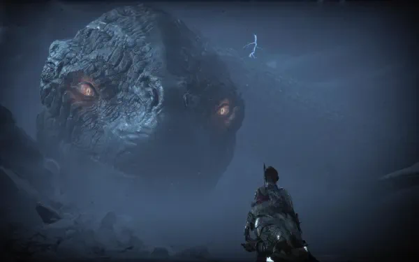4K Ultra HD PC desktop wallpaper from the video game God of War: Ragnarök — a lone warrior confronts a colossal stone-faced behemoth with glowing eyes in fog and moonlight.
