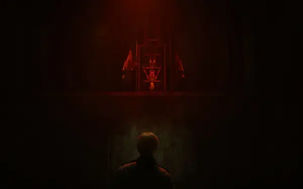 Silent Hill 2 video game 4K Ultra HD PC wallpaper: lone figure in darkness stares at a blood-red altar and shadowed throne, thick, unsettling horror atmosphere.