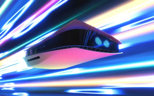 Futuristic hovercraft from the video game Astro Bot Rescue Mission streaks through neon light trails — 4K Ultra HD PC desktop wallpaper and background.