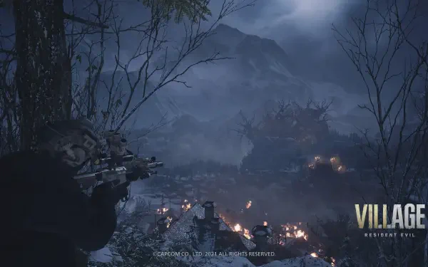4K Ultra HD PC desktop wallpaper from the video game Resident Evil Village: mist-shrouded mountain village at night, glowing fires below and an armed silhouette in the foreground.