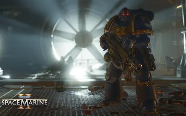 4K Ultra HD PC desktop wallpaper of a Warhammer Space Marine from the video game, clad in heavy power armor and armed, standing in a foggy industrial hangar backlit by a massive circular vent.