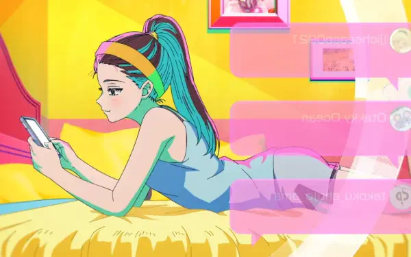 HD PC desktop wallpaper of Kei Amane from Gals Can't Be Kind to Otaku!? — teal‑haired anime girl lying on a bed, scrolling her phone against a vivid pop‑colored background.