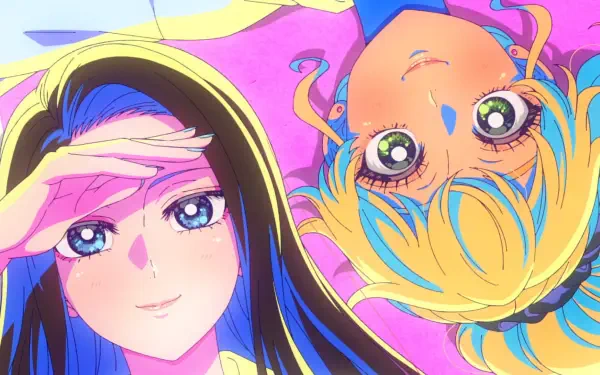 HD PC wallpaper from anime Gals Can't Be Kind to Otaku!?, Kotoko Ijichi shields her eyes while Kei Amane lies upside-down, both framed by bright pastel colors and oversized expressive eyes.