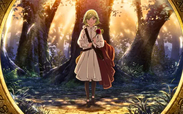 Coco (Witch Hat Atelier) stands in a sunlit forest clearing before a glowing circular portal — fantasy anime girl artwork, 5K Ultra HD PC desktop wallpaper.